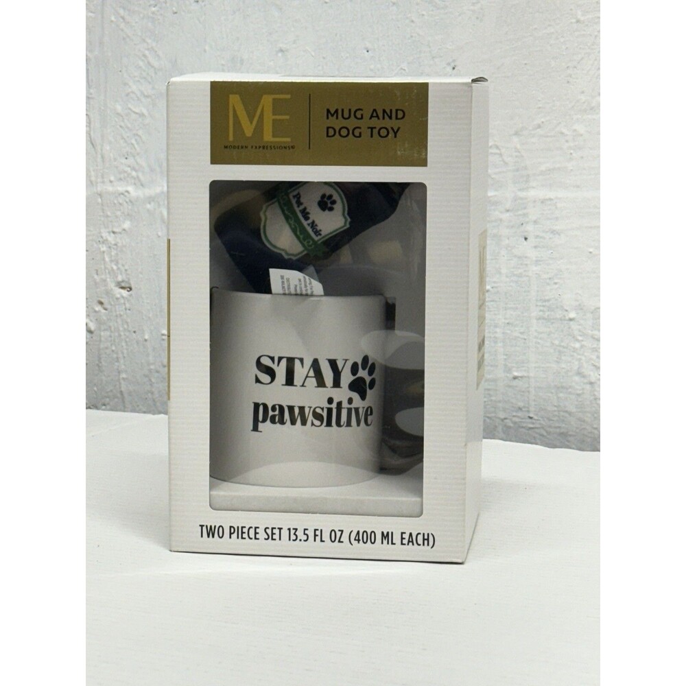 NEW MODERN EXPRESSIONS MUG & DOG TOY SET STAY PAWSITIVE 13.5 oz